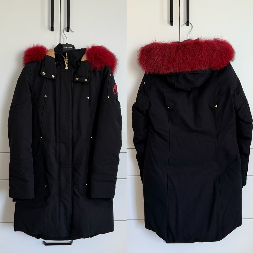 Authentic Moose Knuckles Black Parka with red fur hoodie